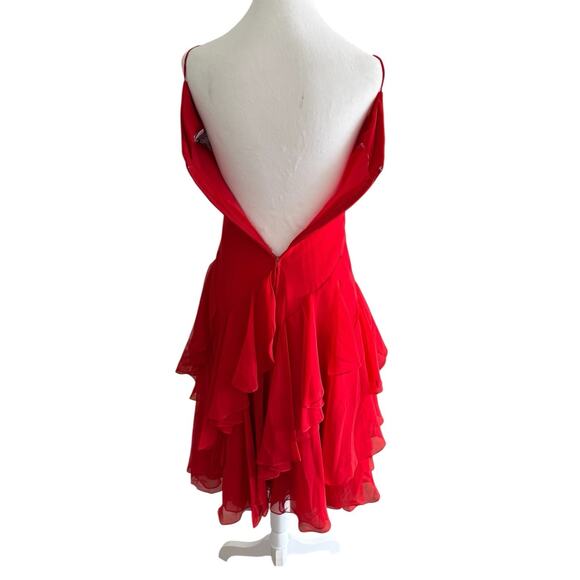 VTG Y2K Red Silk Sequin Midi Cocktail Dress Gown Fairy Ruffle XS Ethereal Prom - Picture 8 of 12